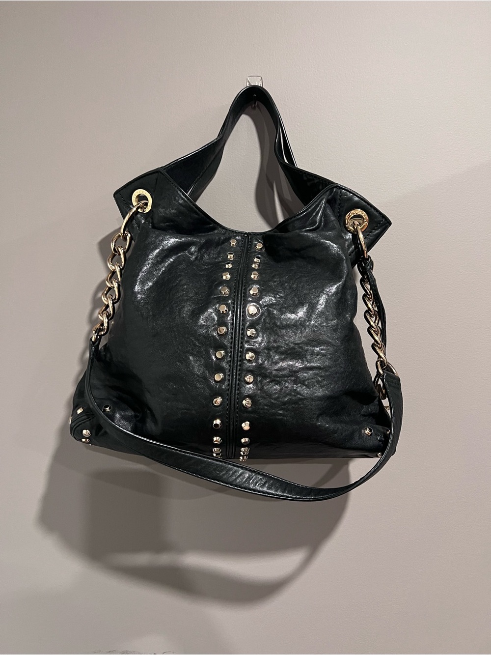 Michael Kors Black Studded Shoulder Bag with Gold Chain Accents